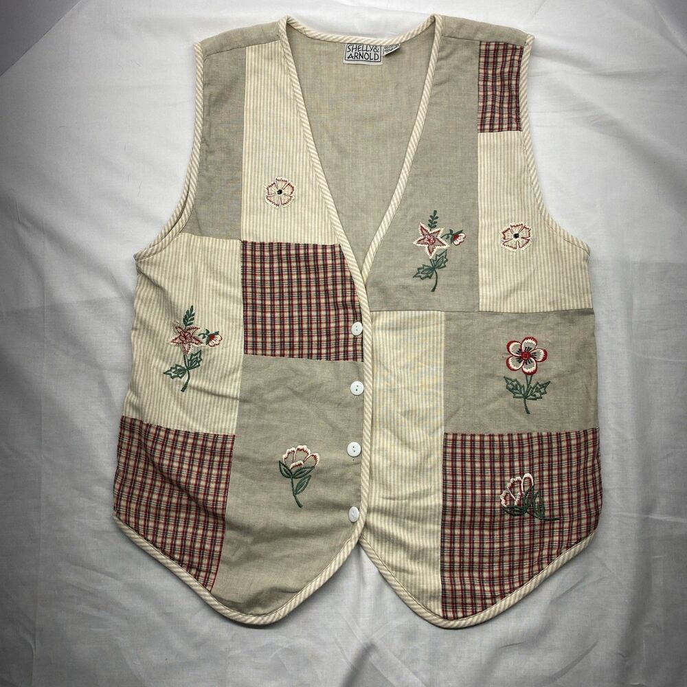 Vintage 90s Shelly & Arnold Floral Embroidered Patchwork Vest S Plaid Striped